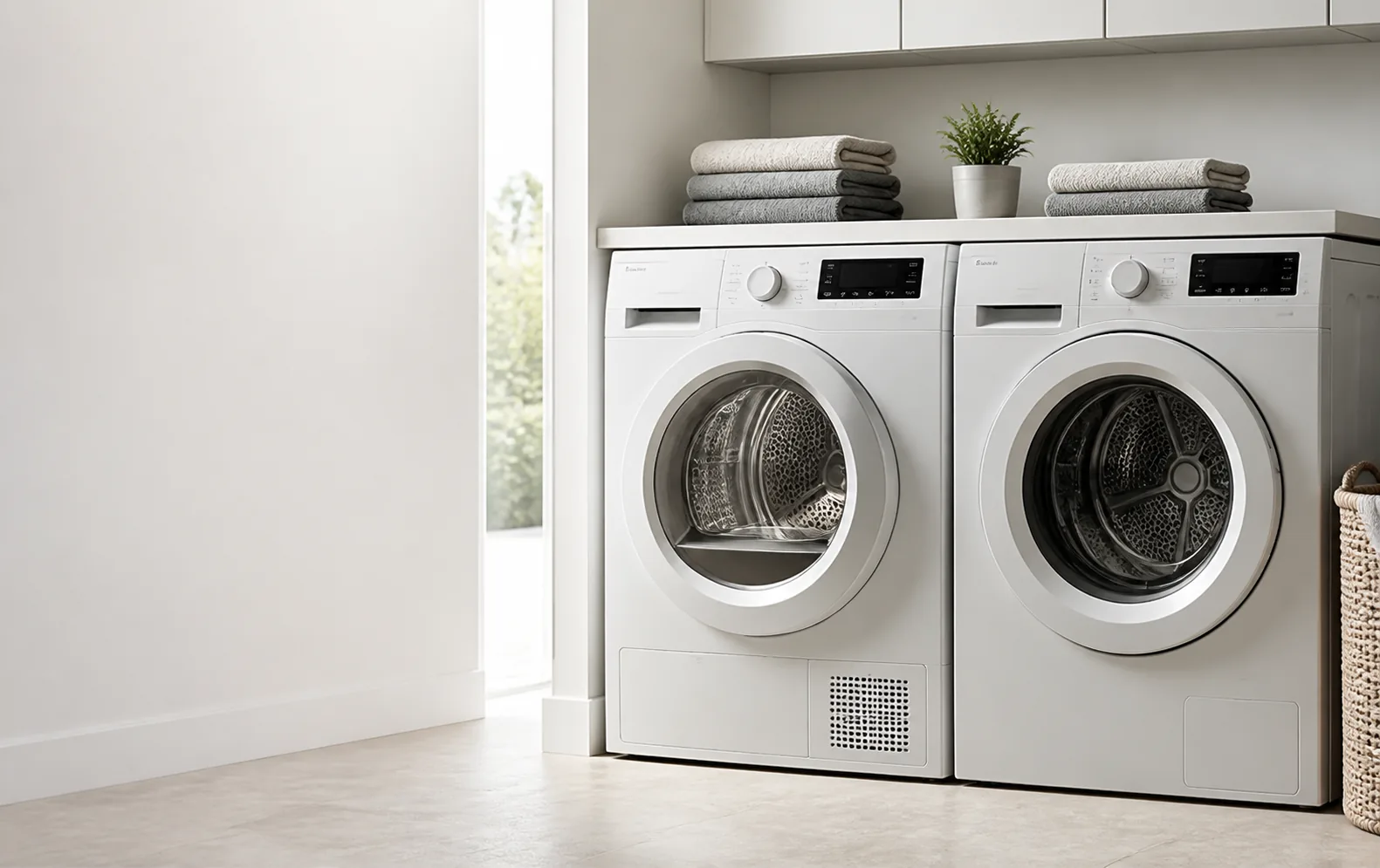 Two modern tumble dryers in a bright UK utility room