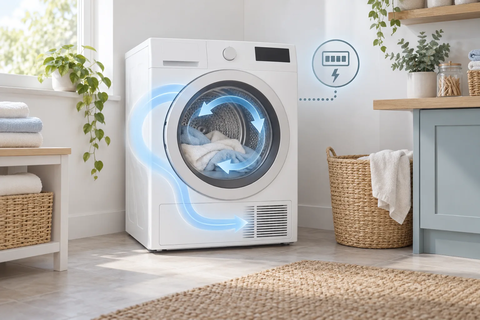 Illustration of generic heat-pump drying in a UK utility room