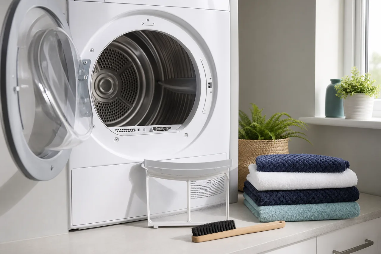 Open tumble dryer with lint filter and cleaning brush