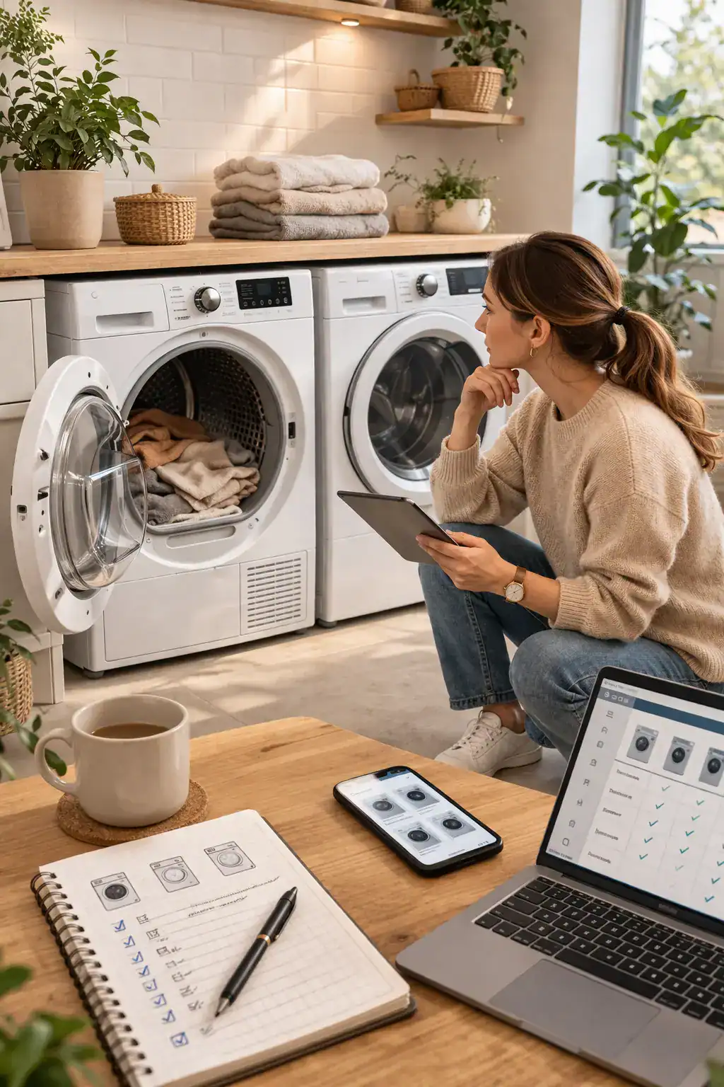 Person comparing tumble dryer options at home to choose the right tumble dryer for a UK household