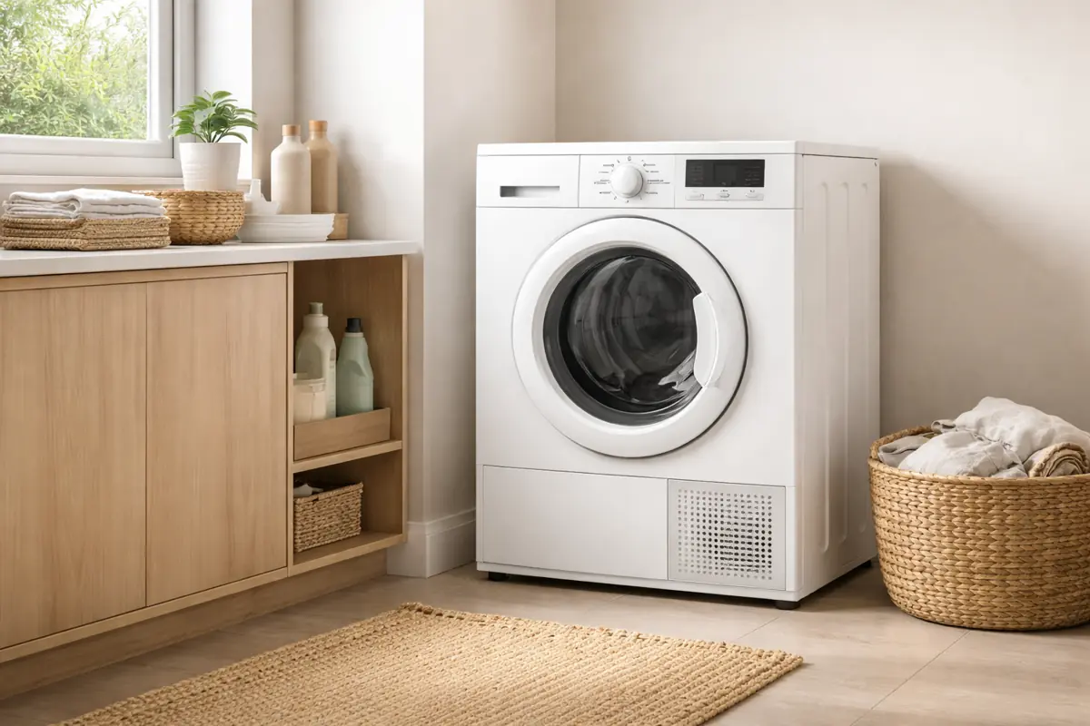 Modern tumble dryer in a clean UK utility room